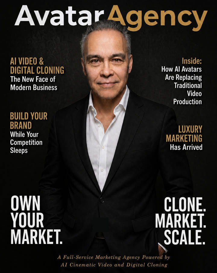 Michael Rivera, founder of AvatarAgency, on an AvatarAgency magazine cover: Clone. Market. Scale.