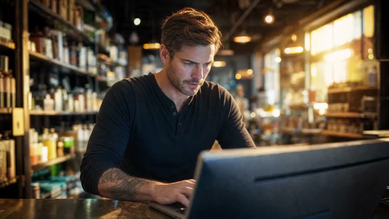 A shop owner at a laptop, from the AI Referral Optimization film