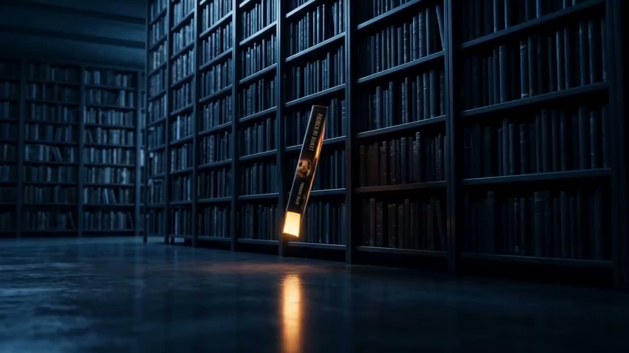 A glowing book in a library, from the AvatarAgency authors film