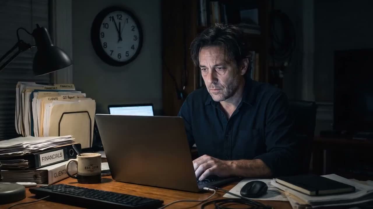 A business owner working late at a laptop, from the Claude Coaching film