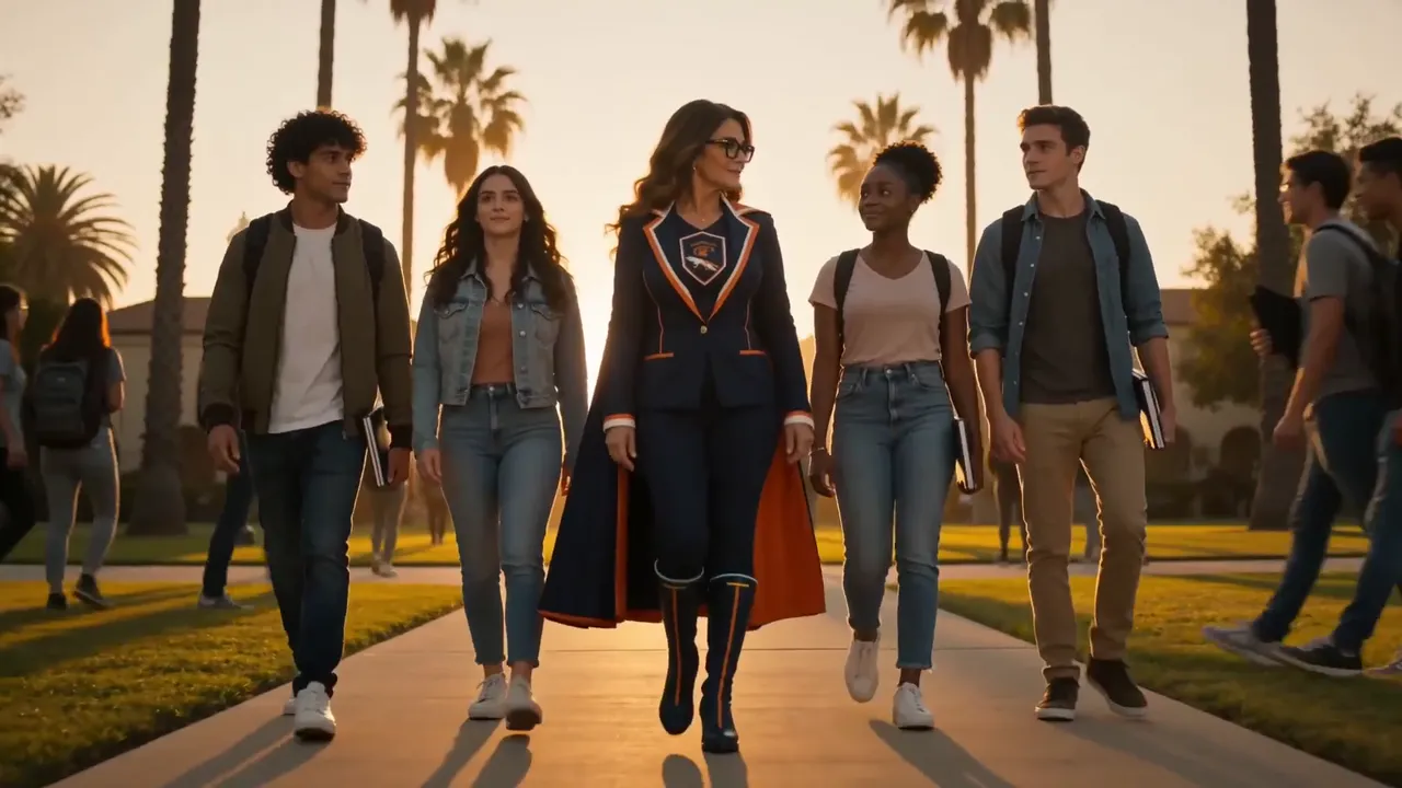 The Enrollment Guardian walking across campus with students