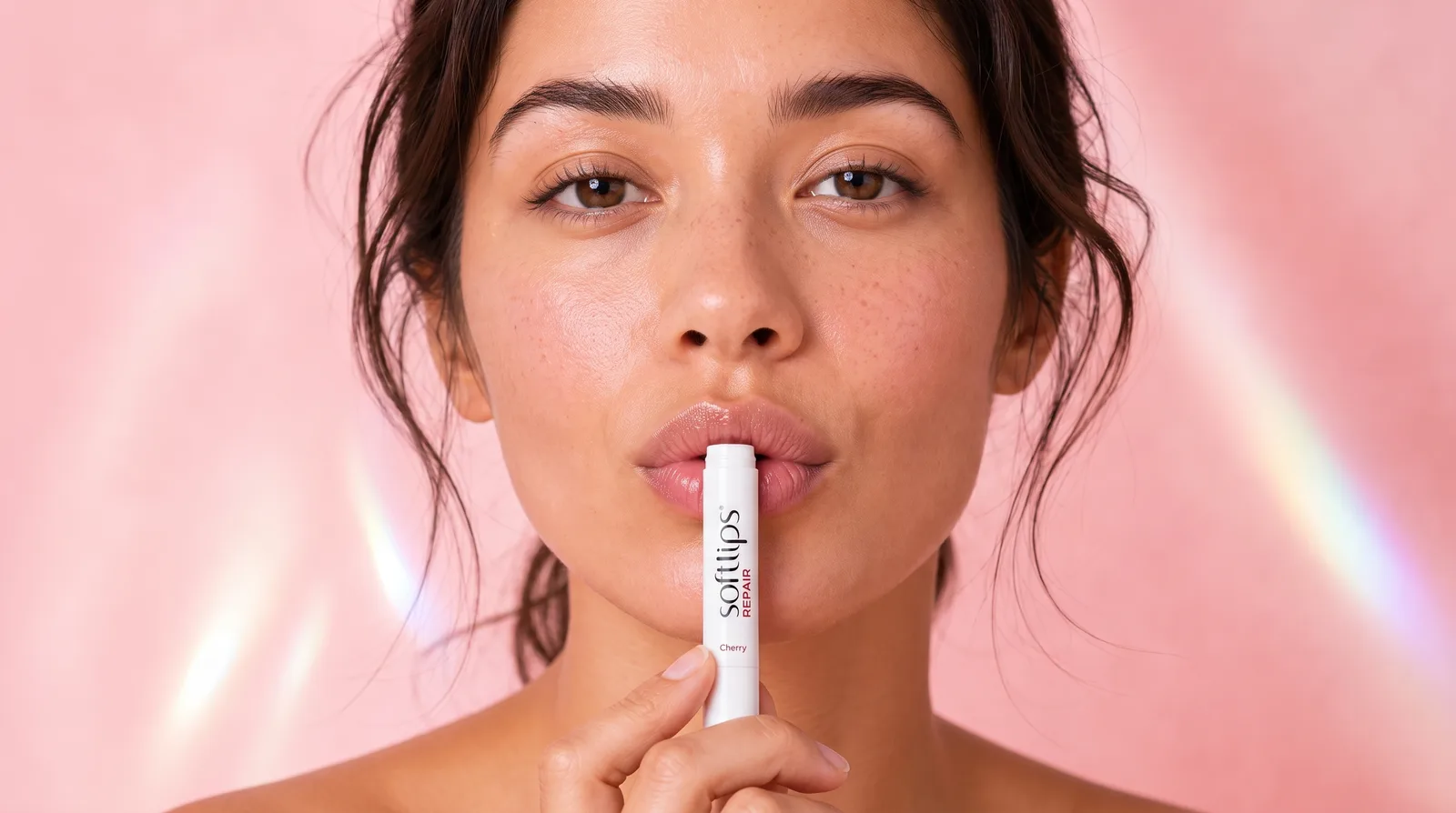 An original model holding a lip balm, from a campaign storyboard