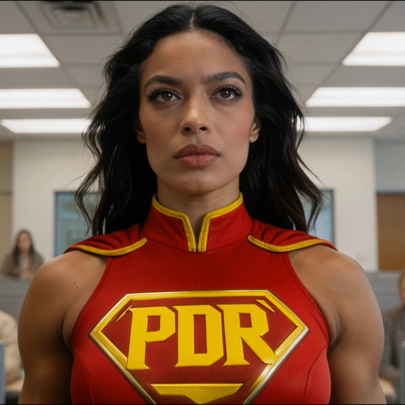 Custom-designed superhero avatar character on a cinematic set