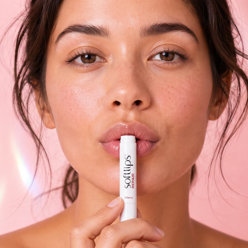Beauty product commercial still with model applying lip balm