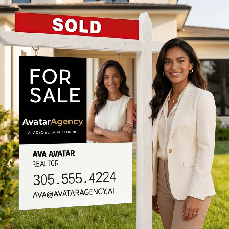 AI real-estate avatar standing beside a sold sign in front of a home